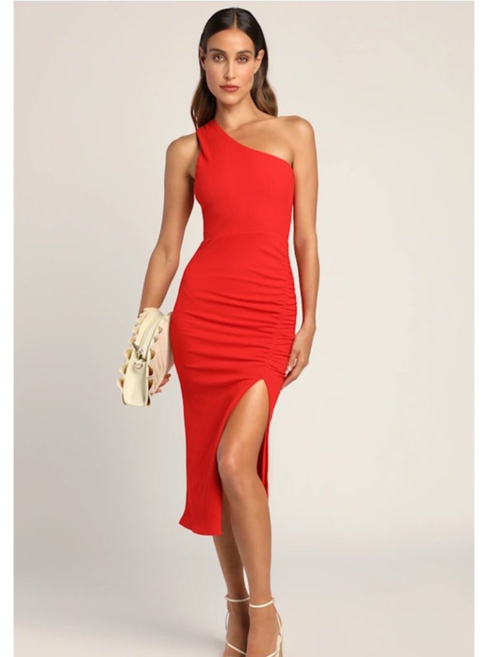 NWT Lulus Centered on Style Red One-Shoulder Bodycon Midi Dress Ribbed Large $69